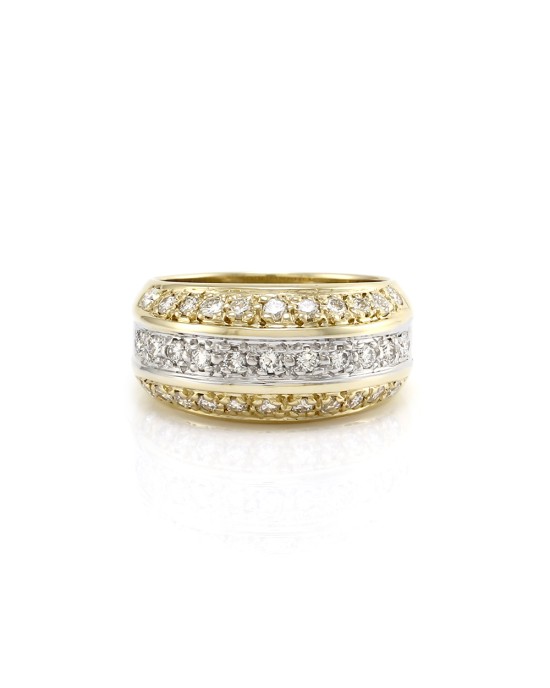 Three Row Diamond Dome Style Ring in White and Yellow Gold